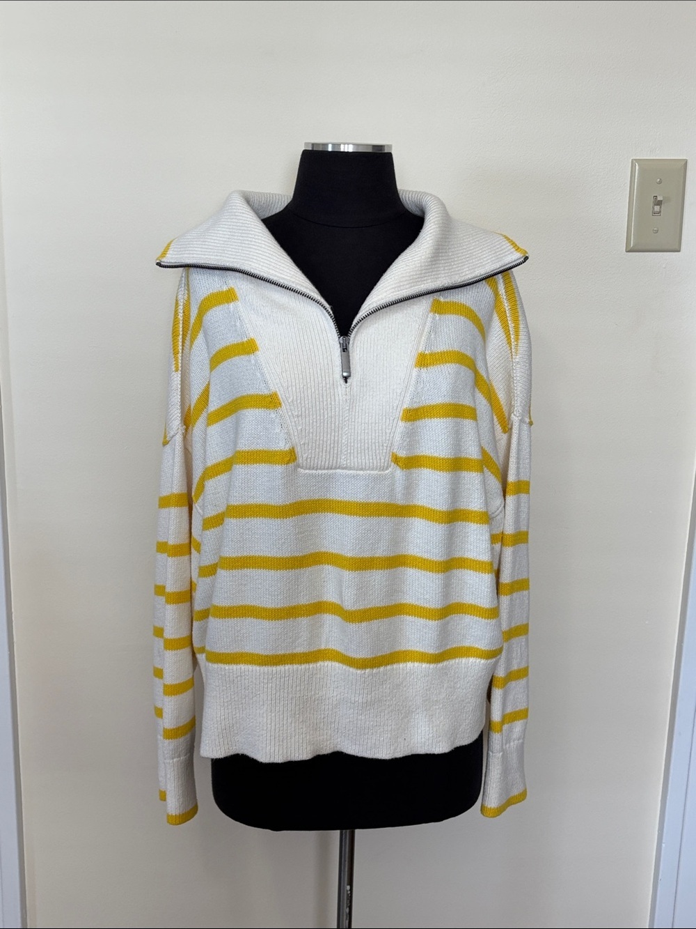 Banana Republic Organic Cotton Yellow Striped Half‑Zip Sweater